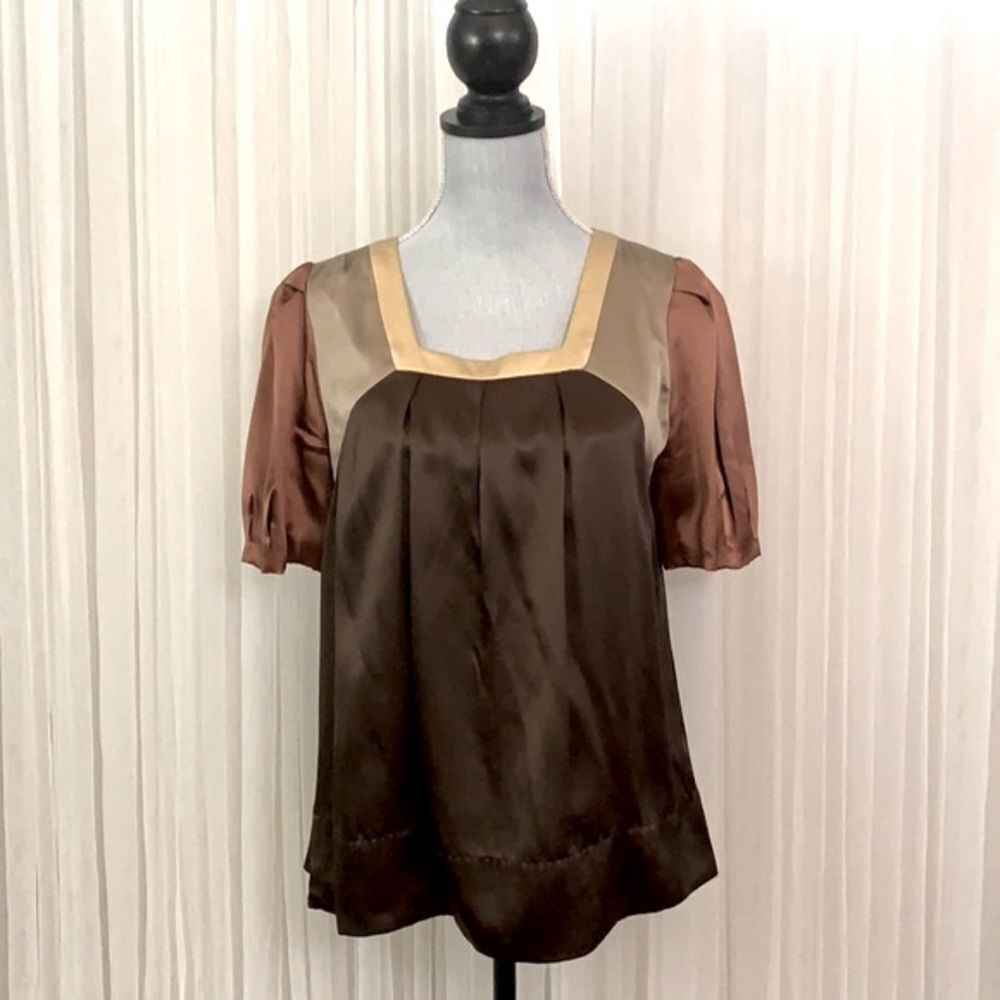 FACONNABLE silk color blocking top short sleeve square neckline women’s sz S
